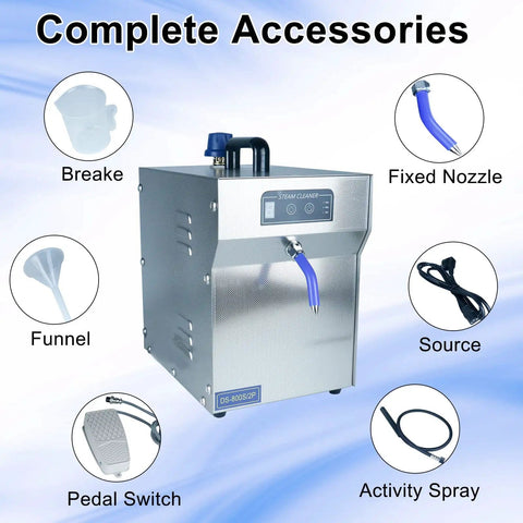 Pro Grade Jewelry Steam Cleaner High Pressure Steamer 2L Stainless Steel with accessories including nozzle, pedal, and funnel.
