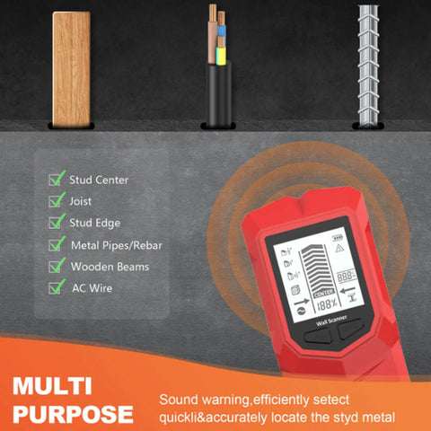 Jiawu Stud Finder Wall Scanner 7 in 1 Multifunctional LCD Display showing detection of wood, metal pipes, and wires for renovations.