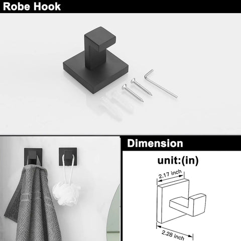 Four Piece Black Stainless Steel Bathroom Accessory Set With 23.6 Inch Towel Bar 8.2 Inch Towel Bar Toilet Paper Holder And Hooks Wall Mounted For A Sleek Dope Home Upgrade robe hook with dimensions and screws