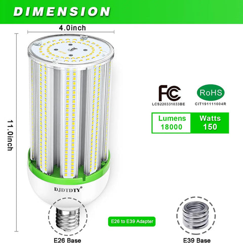 Beast 150W LED High Bay Light Bulbs 5000K 18000LM 110-277V E26 E39 Base Two Pack with dimensions and specifications