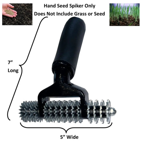 Hand Seeder Spiker Tool with a 7 inch handle, 5 inch wide spiker wheels for grass seed in tight spaces and small gardens.