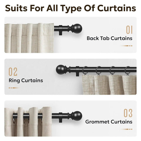 Heavy Duty 1 Inch Black Curtain Rod Adjustable From 48 To 86 Inches Indoor Outdoor Use Room Divider Modern Drapery Pole With Ball End Caps Durable Steel Pole supporting various curtain styles.