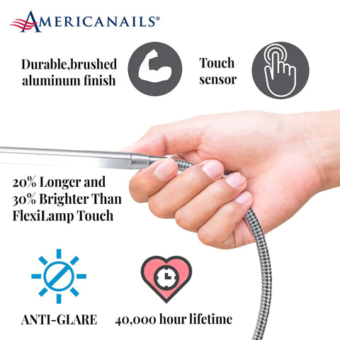 FlexiLamp Touch XL LED Nail Desk Lamp With Removable Clamp, brushed aluminum finish, touch sensor, anti-glare features
