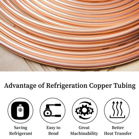 Close-up of copper tubing coil with benefits highlighted: saving refrigerant, easy bending, machinability, heat transfer. Copper Tubing One Quarter Inch OD By 0.195 Inch ID Ten Foot Soft Coil For Refrigerator HVAC Systems, Pro Grade ACR Tube UNS C12200 ASTM B280 Seamless Round Tube For DIY Projects