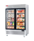 Rock Solid 54 Inch Wide Commercial Display Freezer Featuring Double Glass Doors And Anti Fingerprint Stainless Steel Build Straight Up For Boutiques Stores And Restaurant Bars with frozen food.