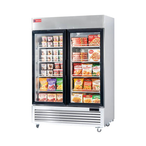 Rock Solid 54 Inch Wide Commercial Display Freezer Featuring Double Glass Doors And Anti Fingerprint Stainless Steel Build Straight Up For Boutiques Stores And Restaurant Bars with frozen food.