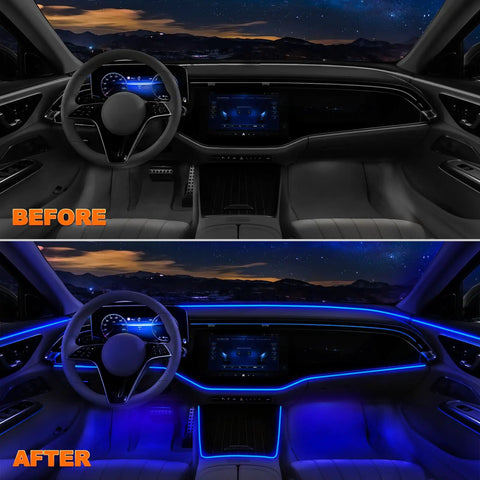 Car interior before and after Lit Interior Car LED Strip Lights With Wireless App And Remote Control, RGB 5 In 1 Ambient Lighting.