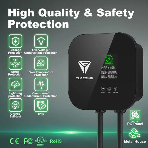 Image of Level 2 EV Charger With 40A 240V Output And NEMA 14-50 Plug, showing safety features and charging status.