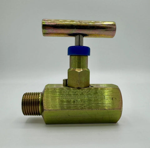 Side view of a 1/2 in NPT high-pressure needle valve in carbon steel with blue knob and T-handle.