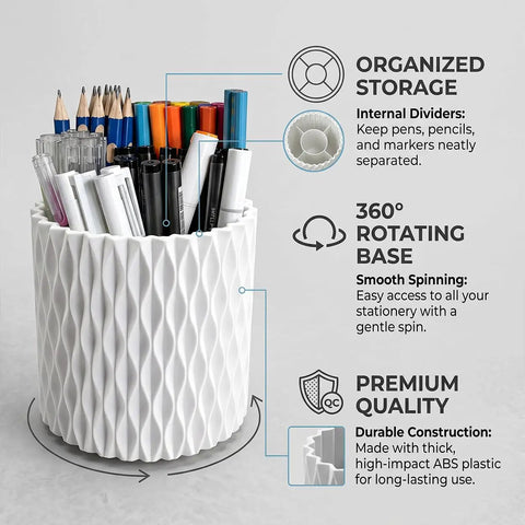 Rotating Desk Pen Organizer with Five Slots Spinning Pencil Cup for Office Home School and Craft Room White Finish 360 Degree Base