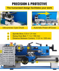 Badass Mini Metal Lathe 7X12 Inch Bench Top Machine with 550W Variable Speed Motor 2250RPM showing ultra-precise 3-jaw chuck features.