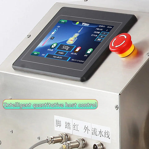 No Fuss Automatic Liquid Bottle Filling Machine With Drip Proof Stainless Steel Nozzle showing LCD control panel and emergency stop button.