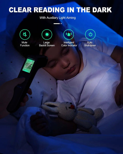 Non Contact Forehead Thermometer For Adults And Kids, Quick 1 Second Reading, Fast Accurate Temperature Check For Home Use, Hygienic No Contact Scan, Safe Family Friendly Tool, black handheld thermometer reading a sleeping child in the dark