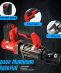 Loschen Cordless Electric Hydraulic Rebar Cutter With Li-ion Battery showcasing removable battery, push-button, and alloy jaw features.