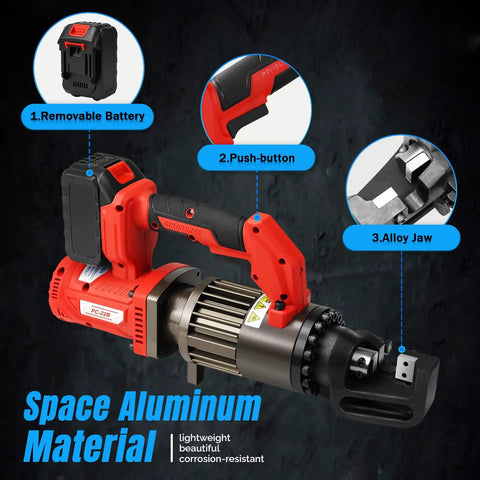 Loschen Cordless Electric Hydraulic Rebar Cutter With Li-ion Battery showcasing removable battery, push-button, and alloy jaw features.