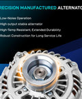 Beefed Up 150A Direct Fit Alternator Replacement For Nissan Murano 2015-2017 V6 close-up with text on features