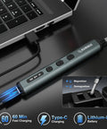Handy Mini Electric Screwdriver Kit with 50 precision bits shown charging via USB-C next to laptop