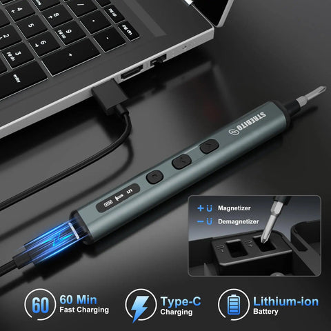 Handy Mini Electric Screwdriver Kit with 50 precision bits shown charging via USB-C next to laptop