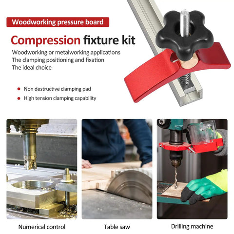 T Track Hold Down Clamps Kit 2.68 Inch Long Heavy Duty Aluminum Red for CNC Machines, shown in use with drill press