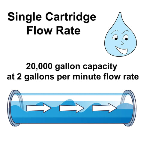 Single cartridge flow rate graphic showing 20000 gallons capacity at 2 gallons per minute for Heavy Duty Commercial Coffee And Ice Maker Replacement Water Filter 12 Pack Handles 20000 Gallons Of Smooth Operation Wipes Out Hard Water Scale And Chemicals With Zero Drama.