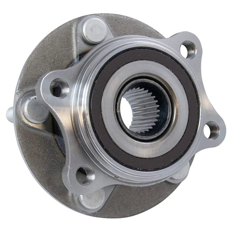 Close-up view of a two piece front wheel bearing and hub assembly kit for Mazda 3 2014 to 2018 Japan built and 2014 to 2018 Mexico built with 2016 to 2021 CX 3 front driver and passenger sides.
