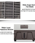 Super Chill Heavy Duty Evaporative Air Cooler With 10000 CFM Flow And 18 Gallon Tank showing wide angle fan blades and water level window.