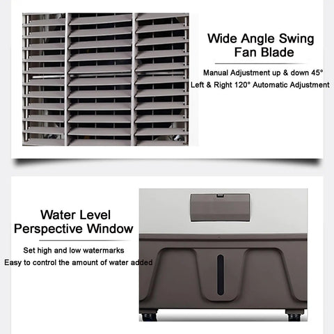Super Chill Heavy Duty Evaporative Air Cooler With 10000 CFM Flow And 18 Gallon Tank showing wide angle fan blades and water level window.