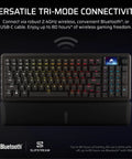 Goated 96 Percent Wireless Mechanical Gaming Keyboard With Compact Tkl Body Full Color Lcd Screen Rotary Knob Six Custom Keys Us Qwerty Black shown from above highlighting versatile tri-mode connectivity.