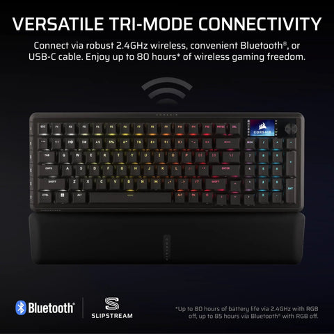 Goated 96 Percent Wireless Mechanical Gaming Keyboard With Compact Tkl Body Full Color Lcd Screen Rotary Knob Six Custom Keys Us Qwerty Black shown from above highlighting versatile tri-mode connectivity.
