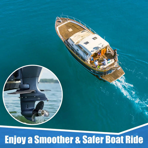 Hydrofoil Stabilizer For Outboard And Sterndrive Boats With Dorsal Fin Style In Nylon Black For Smoother Ride shown on boat