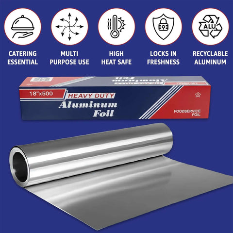 Heavy Duty 18 Inch Wide Aluminum Foil Roll, 500 Feet, Food Safe, Tear Resistant for Cooking, Grilling, and Roasting