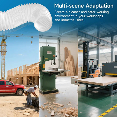 2.5 Inch Clear PVC Dust Collection Hose 20 Foot Long Flexible Tube with Carbon Steel Wire in industrial and workshop settings