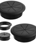 2 Pack 3.5 Inch Desk Grommets Black ABS Hole Covers for cords, featuring detachable caps and flexible design for cable management.
