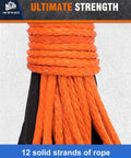 Beefed Up Synthetic Winch Rope One Quarter Inch By Fifty Feet, Ten Thousand Lbs Strength, Twelve Strand Polyethylene Core With Polyester Coating, Lightweight Floats, Easy To Splice Winch Cable For Off Roading And Trucks. Orange 12-strand winch rope close-up