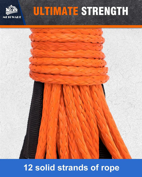 Beefed Up Synthetic Winch Rope One Quarter Inch By Fifty Feet, Ten Thousand Lbs Strength, Twelve Strand Polyethylene Core With Polyester Coating, Lightweight Floats, Easy To Splice Winch Cable For Off Roading And Trucks. Orange 12-strand winch rope close-up