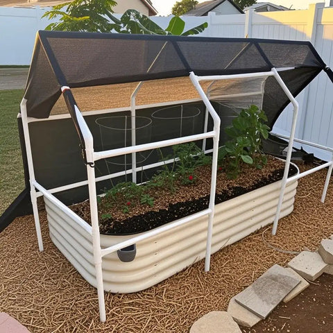 Raised garden bed with frame using LESSO 30 Pcs 1/2 Inch PVC Fittings Set, ideal for DIY projects, greenhouses, and building.