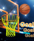 Glow Night Light Basketball Net For Outdoor Hoops, Luminous Nylon Net That Lights Up At Night, installed on hoop with ball.