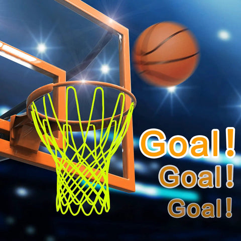 Glow Night Light Basketball Net For Outdoor Hoops, Luminous Nylon Net That Lights Up At Night, installed on hoop with ball.