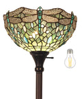 Dragonfly Tiffany Style Floor Lamp With Stained Glass Shade LED Uplight Torchiere Bronze Base 67 Inch Tall Sea Blue Finish
