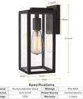 Outdoor Wall Sconce Light Fixture Set Modern Black Aluminum Wall Mount Lamps With Clear Glass Shade 2 Pack Weatherproof Rust Resistant Easy Install Patio Garden Porch Courtyard Lighting showing dimensions and specifications.