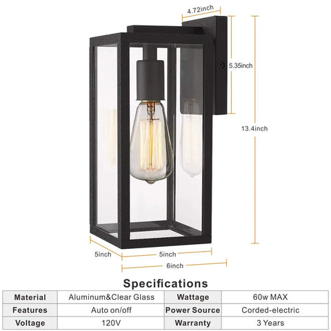 Outdoor Wall Sconce Light Fixture Set Modern Black Aluminum Wall Mount Lamps With Clear Glass Shade 2 Pack Weatherproof Rust Resistant Easy Install Patio Garden Porch Courtyard Lighting showing dimensions and specifications.