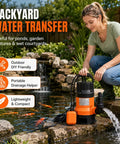 Heavy Duty 0.5HP Submersible Utility Pump With Auto Float Switch Handles No Sweat Draining For Pool Pond And Cellar Powered By 110V Motor With Bulletproof Iron Plastic Housing In Sleek Black And Orange being set up by a woman near a pond.
