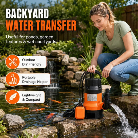 Heavy Duty 0.5HP Submersible Utility Pump With Auto Float Switch Handles No Sweat Draining For Pool Pond And Cellar Powered By 110V Motor With Bulletproof Iron Plastic Housing In Sleek Black And Orange being set up by a woman near a pond.