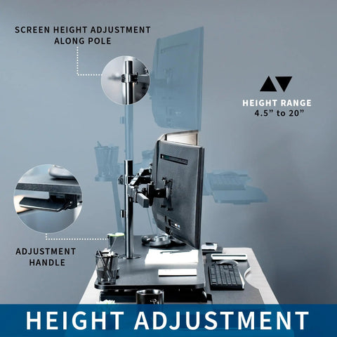 Height Adjustable 48 Inch Standing Desk Converter With Triple Monitor Mount, side view showing height adjustment features and handle, Black.