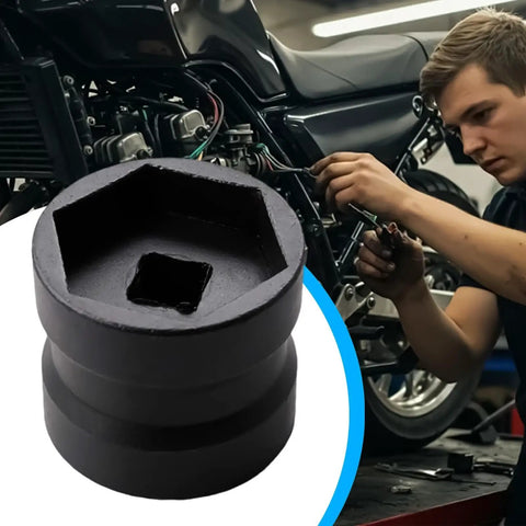 Beefy Heavy Duty Belt Pulley Removal Tool With Double Head For Quick Belt Drive Repairs in garage beside mechanic working on motorcycle