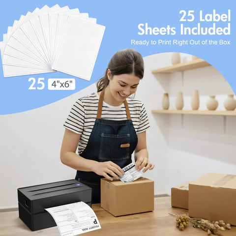 Bluetooth Thermal Shipping Label Printer For Small Biz - 4x6 wireless label maker with label sheets, woman packing box