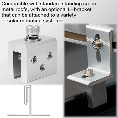 Close-up of Metal Roof Panel Clamps For Standing Seam Roofs No Drill Non Penetrating Aluminum Brackets with L-bracket attachment.