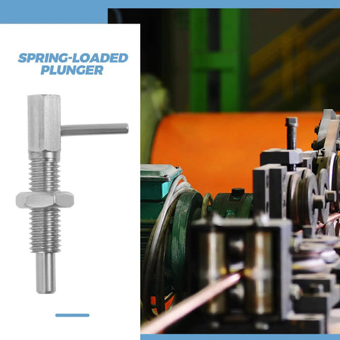 Bulletproof L Handle Lock Pin Stainless Steel Safety Plunger M10 L Shape Cabinet Fastener shown with machinery background.
