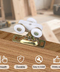 2Pcs 3/4 Inch Sliding Door Wheels Replacement Kit With Top Hanger For Wardrobe Bypass And Closet Accessories Gold Finish on wood surface