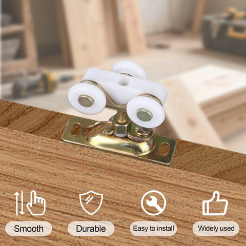 2Pcs 3/4 Inch Sliding Door Wheels Replacement Kit With Top Hanger For Wardrobe Bypass And Closet Accessories Gold Finish on wood surface